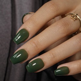 KQueenest Dark Green Press On Nails Short Coffin - Acrylic Press On Nails with Glue, Ballerina Short Fake Nails Press ons, Glossy Opaque Reusable Soft Gel Glue on Nails for Women, 30 Pcs, Forest Green