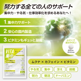 VITA集中 【サプリ専門家・管理栄養士監修】ドーパミン マルチビタミン 集中力 記憶力 サプリ カフェイン GABA ムクナ6000mg ホスファチジルセリン イチョウ葉 90粒