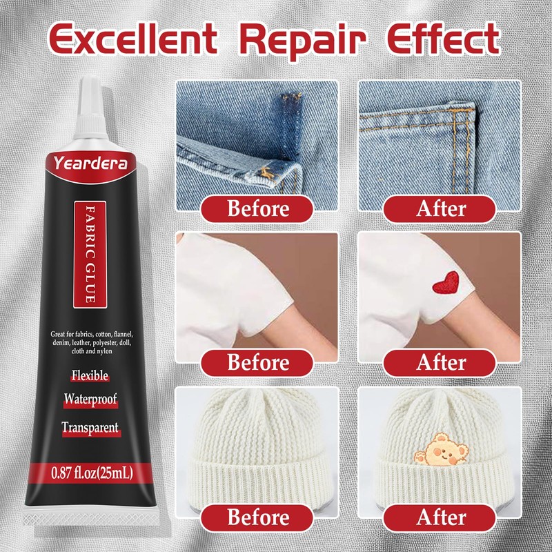 Yeardera Fabric Glue, Permanent, Clear, Washable Adhesive for Clothing, Patches,