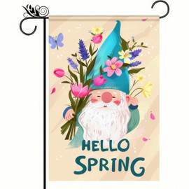 BlissYard Hello Spring Garden Flag Double-Sided Holiday Decoratios Gnome with Flowers Backdrop Design 12x18 Inches Garden Decor Yard Flag for Outdoor Decoration