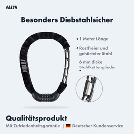 AARON Lock One Bicycle Lock with 5 Digit Combination Code, Steel Chain Lock and High Security Level, Lock for E-Bike, Mountain Bike, Trekking Bike, Touring Bike, Road Bike in Black
