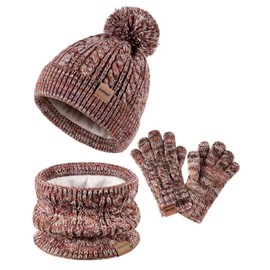 Kids Winter Hat Gloves Scarf Set,Girls Hats Beanie with Pom Knit Neck Warmer Gaiter Mittens Fleece Lined,Girls Accessories Cold Weather Set for Toddler Children Boys（Brown Mix）