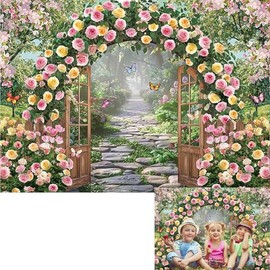 Spring Garden Flowers Backdrop Spring Floral Arch Butterfly Green Stone Background Rose Flowers Arch Wall Bridal Shower Wedding Anniversary Party Decor Banner Photo Prop (7x5FT(82 x 59 inch))
