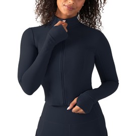 YITTY Active Women's UltraLuxe Cropped Full Zip Jacket, Athleisure, 4-Way-Stretch, Thumbholes, Deep Navy, M