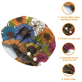 DELORIGIN 2PCS Sunflower Leaves Bouffant Scrub Caps Elastic Working Caps Cotton Scrub Nursing Doctor Surgeon Cap With Button and Sweatband Breathable Unisex Bandage Hats for Cooking Housework