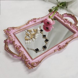 Yamfurga Small Rectangle Decorative Mirror Tray, French Style, Makeup Organizer, Jewelry Organizer, Serving Tray, 13"x 7.8", Golden Pink