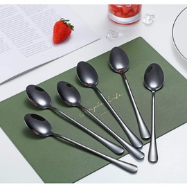Black Iced Spoon,Kyraton Stainless Steel 7.5" Long Handle Mixing Spoon with Black Titanium Plating,Ice Cream Spoon, Stirring Bar Spoon, Cocktail Spoon, Latte Spoon Pack of 6