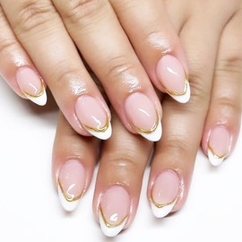 Press on Nails Kit, 24pcs French Tip False Nails Short Almond Coffin Full Cover Acrylic Nails For Women Girls DIY Manicure Salon