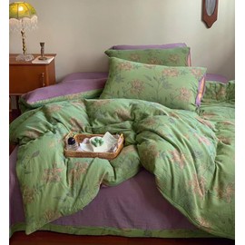VM VOUGEMARKET Retro Flower Duvet Cover King,3Pcs Yarn-Dyed French Linen Jacquard Duvet Cover Set Mint Green Purple Bedding Set for Girls Women Without Comforter