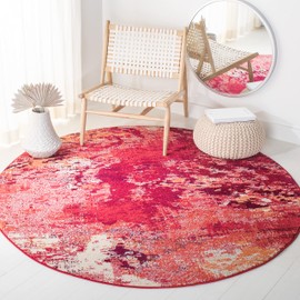SAFAVIEH Madison Collection 6'7" Round Red/Ivory MAD440Q Modern Boho Abstract Non-Shedding Living Room Bedroom Area Rug
