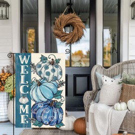 Cloudfomila Fall Blue Pumpkin Garden Flag 12 x 18 Inch, Autumn Thanksgiving Burlap Double Sided Welcome Small Flag Yard House Farmhouse Seasonal Holiday Patio Outside Decoration