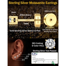 Thunaraz Moissanite Earrings, Round Cut Stud Earrings 925 Sterling Silver Earrings for Women Men Gold-3mm(0.1ct)