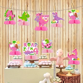Dinosaur 4th Birthday Decorations Girl, 8pcs Pink Dinosaur 4th Honeycomb Centerpieces, Double Sided Dinosaur Theme Table Decorations for Roar Im 4 Birthday, Dino Four Birthday Party Supplies