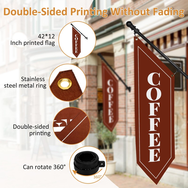 Outdoor Coffee Flag with Pole Kit – 42x12 Inch Double-Sided