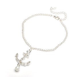 Idin Fashion Anklet - Silver-plated anchor with grade A rhinestone and glass pearl chain