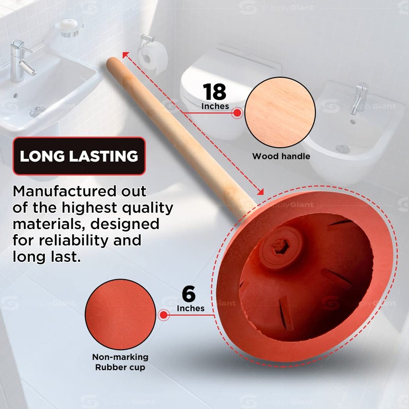Supply Giant SU3249 Force Cup Rubber Plunger, with 18” Wooden