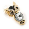 Crystal, Black Enamel Owl Stud Earrings In Gold Plating -