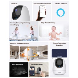 Tenda 2K Indoor CCTV Camera CP3 Pro V1.1, Pet/Baby Scream/Person/Motion Detection, One Touch Call, 360 Degree WiFi Camera, 2-Way Audio, Alarms & Push Message, IP Camera Night Vision