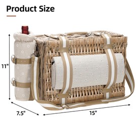 G GOOD GAIN Picnic Basket for 2-19Pcs Wicker Picnic Set with Waterproof Blanket & Wine Bag| Large Picnic Hamper with Insulated Cooler & Cutlery Kit for Couples Camping,White Flower,15x10.6x7.5inch