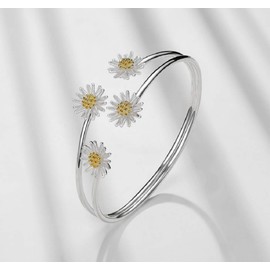 LVTING 925 Silver Sun Flower Sunflower Bracelet Daisy Chrysanthemum I Love You Open Bracelet Cuff Adjustable Bracelet for Women (Sun flower)