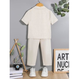 Verdusa Boy's 2 Piece Outfits Linen Set Going Out Outfits Button Up Shirt and Shorts Pants Set Beige 6 Years