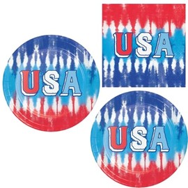 USA Tie Dye Party Supplies, Red White Blue Dessert Plates and Lunch Napkins, 16 Guest Set