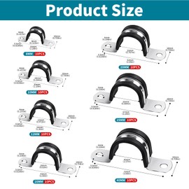 U-Rohrschellen Set: 70 Stück 8mm 10mm 12mm 16mm 20mm 25mm 40mm 304 Edelstahl Rohrschelle mit Gummipolsterung, U-Förmige Rohrschellen