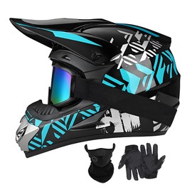 Youth Dirt Bike Helmets DOT Approved Kids Motocross, ATV, Off-Road, Four Wheelers, BMX Motorcycle Bike Helmets with Goggles Gloves Faceshield (SY-BlackBlue, Medium)
