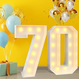 Marquee 4ft Numbers with Light up Number 70 White Mosaic Frame Slots-in Letter 70 for 70th Birthday Party Decorations Pre-Cut Cardboard Large Giant Cut-Out Thick Foam Board Sign Anniversary