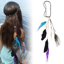 Zoestar Boho Feather Headband Vintage Peacock Headpiece Hippie Head Chain Indian Festival Hair Jewelry for Women and Girls (Black)