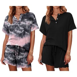 Ekouaer 2 Pack Womens Pajama Sets Short Sleeve Top with Shorts Soft Comfy Loungewear Sleepwear