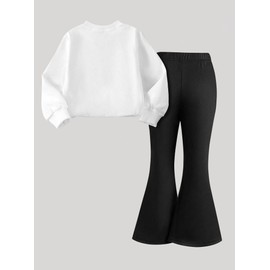 Ecolala Girls 2 Piece Outfits Long Sleeve Crew Neck Bow Sweatshirt Top and Flare Pants Set White Black 7-8Y