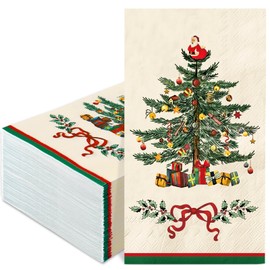 100Pcs Christmas Guest Napkins Retro Xmas Tree Disposable Paper Napkin Vintage Santa Pine Tree Dinner Hand Napkin for Kitchen Bathroom