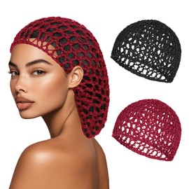 2 PCS Hair Nets for Sleeping Mesh Crochet Hair Wrap Breathable Sleep Cap for Women Reusable Elastic Hairnet（Black，Wine）