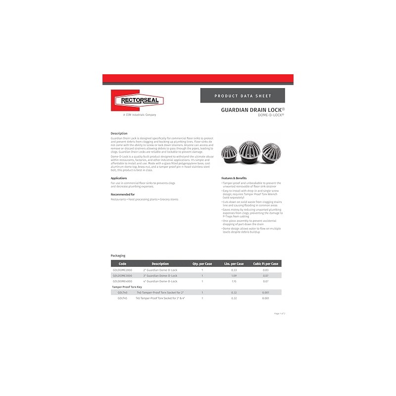RectorSeal Guardian Drain Lock GDLDOME3000 Dome-D-Lock Commercial Floor Sink Locking