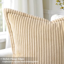 decorUhome Corduroy Beige Throw Pillow Covers 20x20 Set of 2 Decorative Soft Striped Neutral Farmhouse Couch Pillow Covers with Broadside for Living Room Bed Sofa