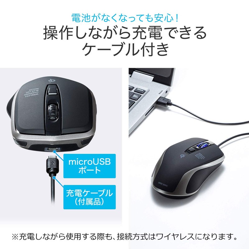Sanwa Supply MA-WBL157BK Wireless Charging Mouse, Qi Compatible, Blue LED,