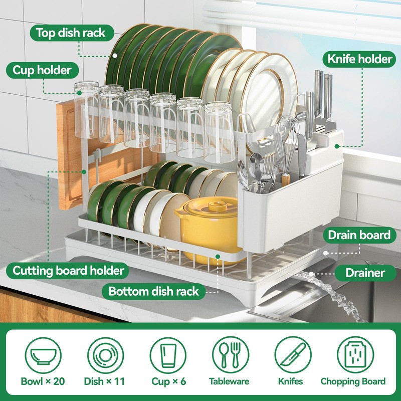 QECOUI 2 Tier Dish Drying Rack for Kitchen Counter, Dish