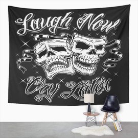Suklly Tapestry Wall Hanging Horror Comedy Tragedy Laugh Now Cry Later Drama Skull Masks Face Home Decor Polyester Living Bedroom Dorm 60 X 80 Inches Picnic Mat Beach Towel Bed Cover