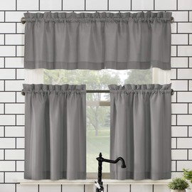 No. 918 Martine Microfiber Semi-Sheer Rod Pocket Kitchen Curtain Valance and Tiers Set, 54" x 36", Gray