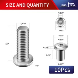 1/4-20 x 3/4" 10Pcs Flat Head Hex Socket Cap Screws Bolts Barrel Nuts Kit, 304 Stainless Steel 18-8, Full Thread by SG TZH (with Hex Spanner)