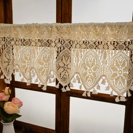 Tsinmorn Boho Curtain Valance for Kitchen Dining Farmhouse Crochet Curtain Tier for Small Window Rustic Knitted Short Curtains with Tassel for Cabinet Home Decor 1 Panel 59" W x 15" L