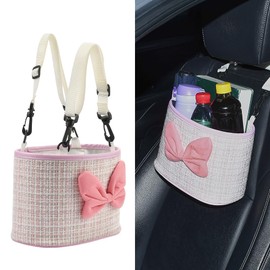 JSCARLIFE Car Seat Back Hanging Bag,PU Leather Car Back Seat Organizer Hanging Cotton and linen fabric Car Storage Box Travel Tidy Pouch Pocket Car Trash Can for Most Vehicles (Pink)