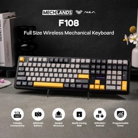 MechLands Aula F108 100% Wireless Gaming Keyboard, Full Size Custom Gasket Mechanical Keyboard, 4000mAh Battery, Programmable 108 Keys, Hot-Swappable, for Win/Mac (Grey&Yellow)