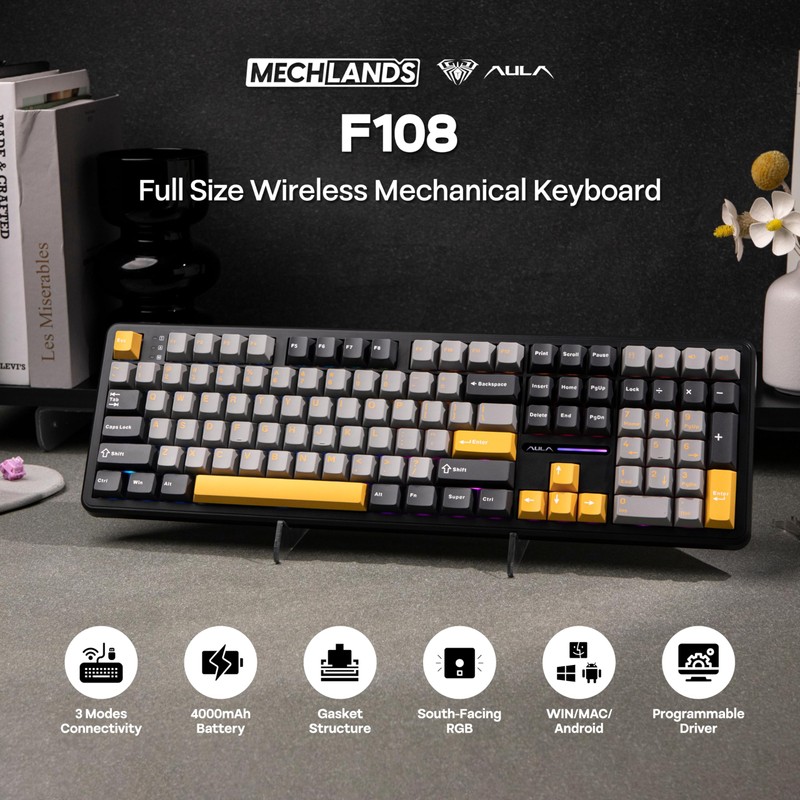 MechLands Aula F108 100% Wireless Gaming Keyboard, Full Size Custom