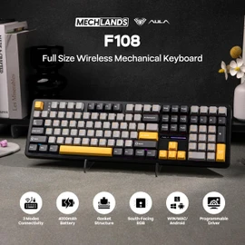 MechLands Aula F108 100% Wireless Gaming Keyboard, Full Size Custom Gasket Mechanical Keyboard, 4000mAh Battery, Programmable 108 Keys, Hot-Swappable, for Win/Mac (Grey&Yellow)