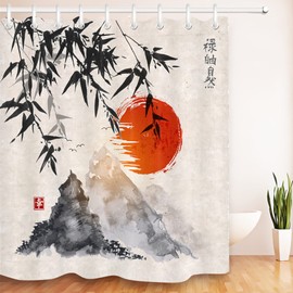 LB Ancient Japanese Chinese Ink Painting Bamboo Mountain Sunset Shower Curtain for Bathroom, Oriental Bath Curtain,Fabric Decor Curtain, 70 x 70