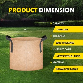 iPower Grow Bag 3 Gallon 6-Pack Heavy Duty Plant Pots, 300g Thick Nonwoven Fabric Containers Aeration with Nylon Handles, for Planting Vegetables, Fruits, Flowers, 2024 Version Tan