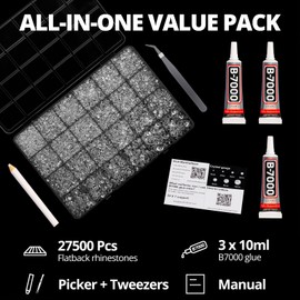 27500Pcs Transparent Clear Resin Rhinestones for Bedazzling Crafting, 2-6mm Mixed Sizes Flatback Bulk Crystal Kit with B7000 Glue for Book Clothes Crafts Shoes Clothing Fabric DIY Manualidades Tumbler