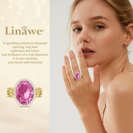 Linawe Gold Rings for Women, Pink Birthstone Adjustable Rings, Chunky Fake Imitation Diamond Gemstone Rings, Crystal CZ Statement Cocktail Ring, Cubic Zirconia Costume Rings